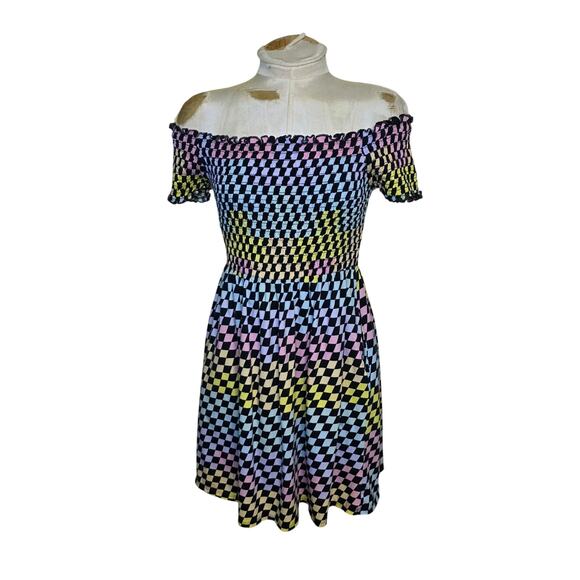 Hot Topic Rainbow Checkerboard Off-The-Shoulder Smocked Dress Size L - Picture 1 of 6